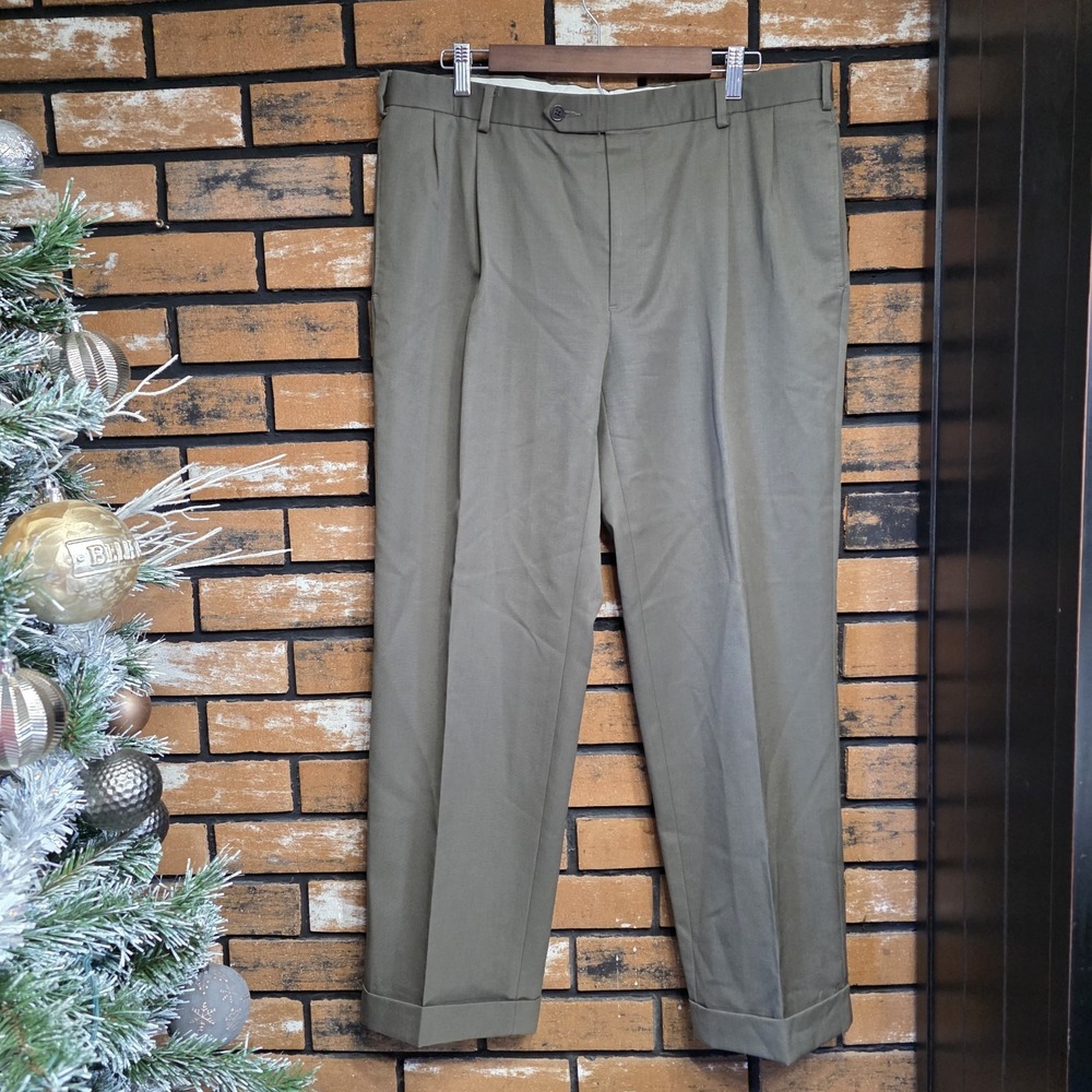 Brooks Brothers 346 100% Wool Pleated Dress‎ Trouser Pants Olive Green Men 38x30
